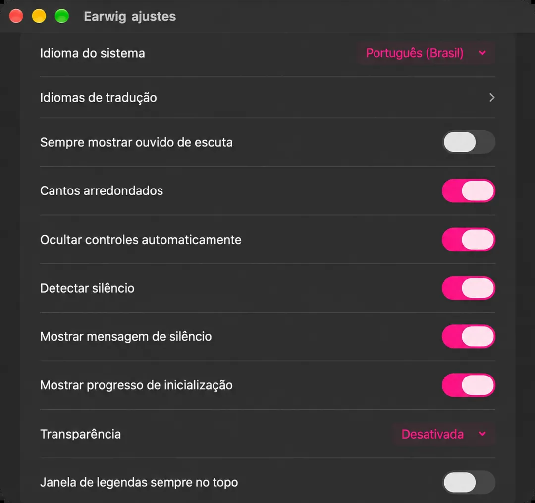 A janela de configurações Earwig mostrando as seções Loja, Fonte de áudio, Geral e Legendas