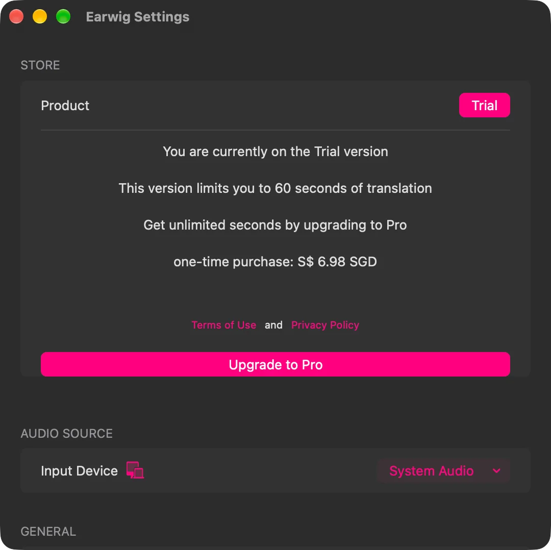The Store section at the top of Earwig's settings, showing the Trial badge, the sixty-second limit, the one-time price and an Upgrade to Pro button