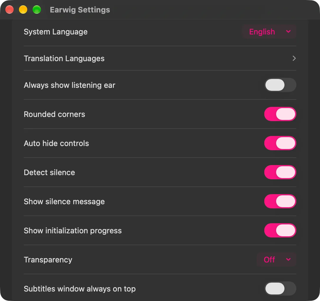 The Earwig settings window showing the Store, Audio Source, General and Subtitles sections