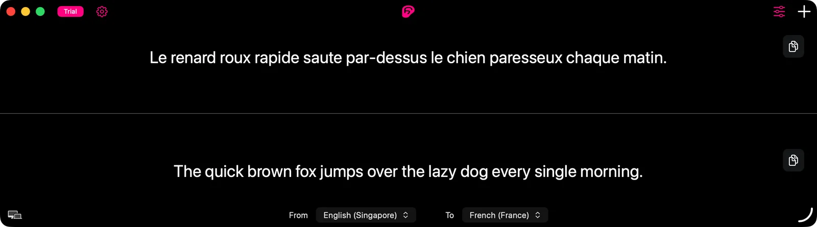 The subtitle window split horizontally, translated text above a thin rule and original-language text below