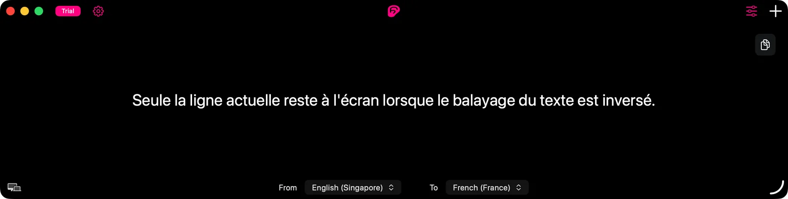 The subtitle window with Rolling Text off, showing only the sentence currently being spoken