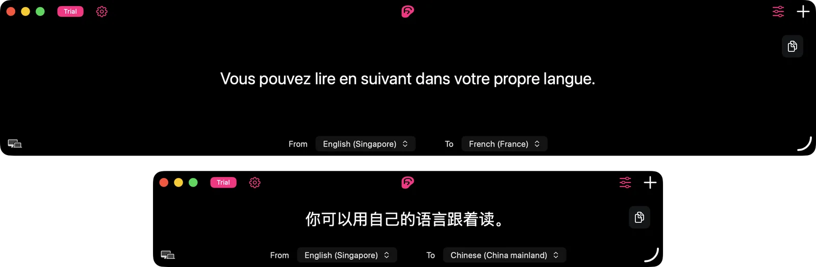 Two Earwig subtitle windows stacked beneath a video, each translating the same audio into a different language