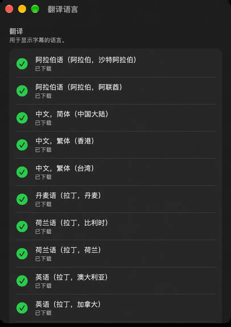 “翻译语言”窗口，包含“翻译”和“语音识别”两个部分，每种语言都显示其下载状态