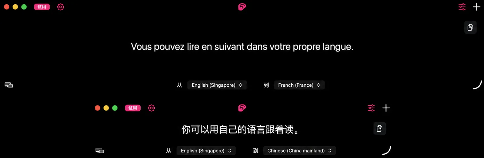 两个 Earwig 字幕窗口叠放在视频下方，各自把同一段音频翻译成不同语言