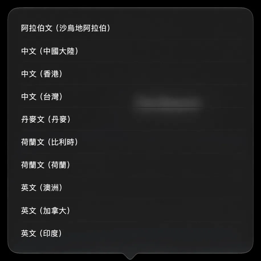 以彈出框開啟的「從」語言列表，目前語言旁有勾號
