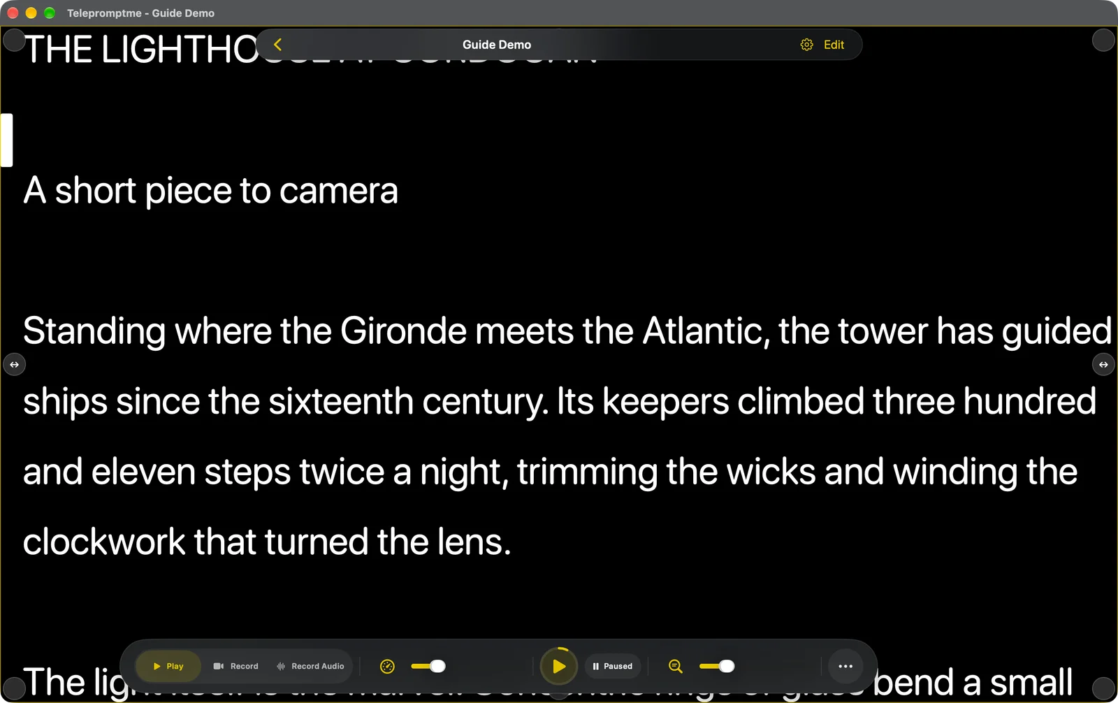 The teleprompter with Adjust margins turned on, showing drag handles at the edges and corners of the text area