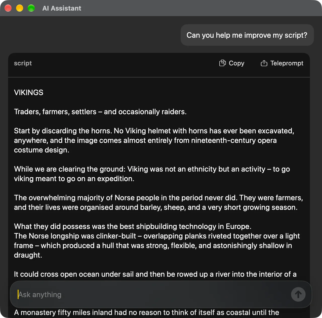 The AI Assistant window with a request to improve the script and the rewritten script returned in a card