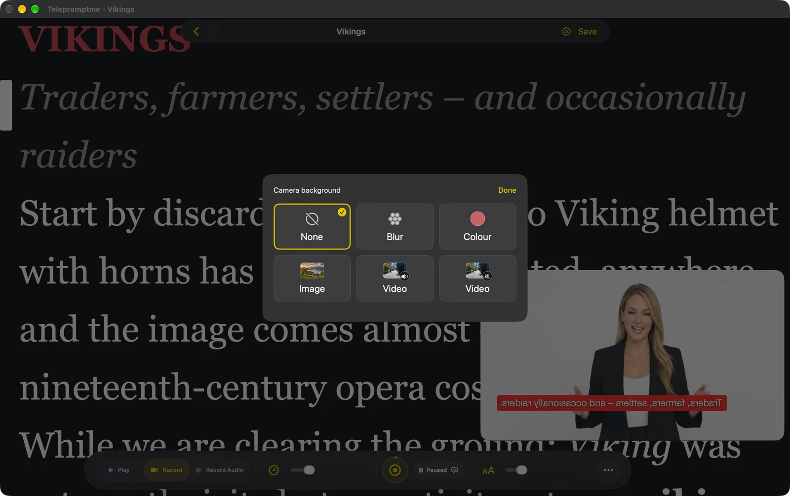 The Camera background picker showing None, Blur, Colour, Image and two Video tiles over the self view