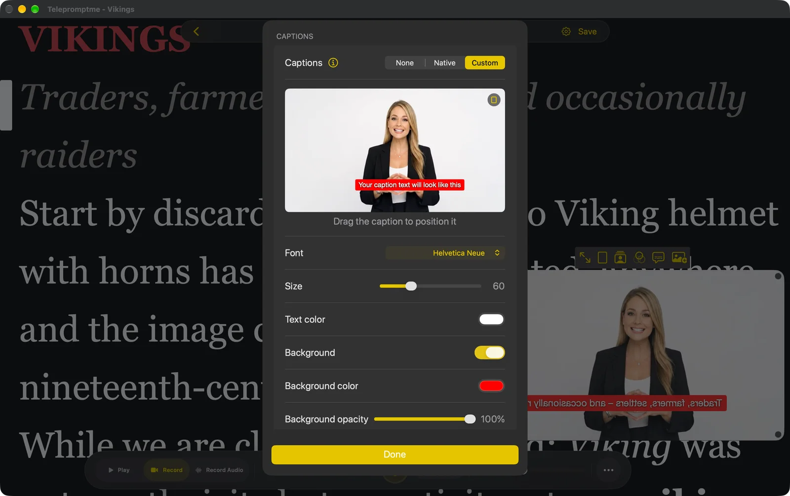 The Captions sheet with None, Native and Custom, a live preview and font, size, colour and background controls