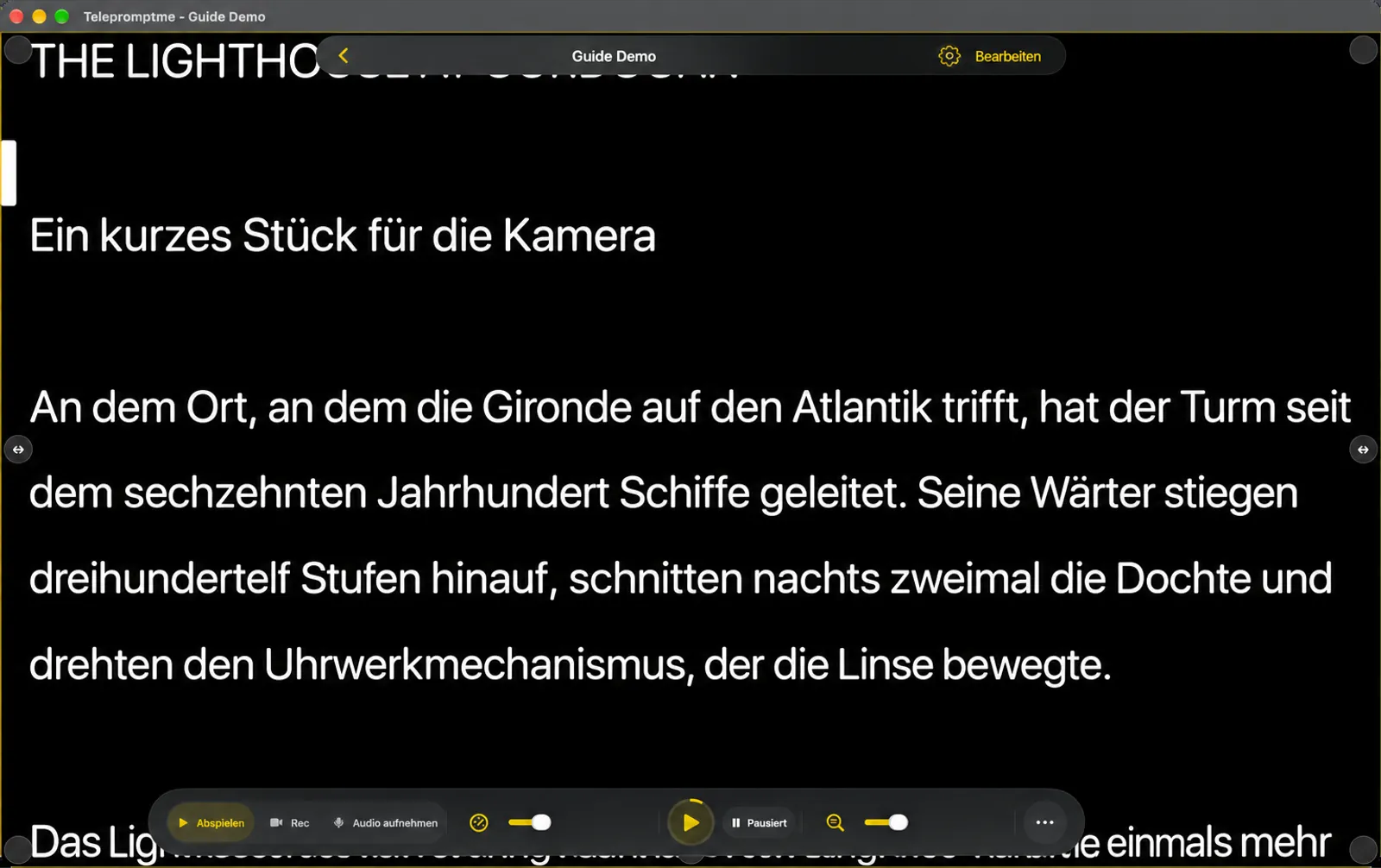 Der Teleprompter mit Adjust margins eingeschaltet, bei dem Drag-and-Drop-Steuerelemente an den Rändern und Ecken des Textbereichs angezeigt werden