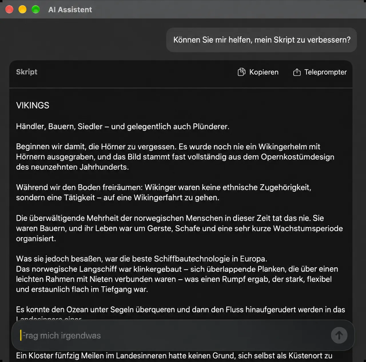 Das KI-Assistentenfenster mit einer Anfrage zur Verbesserung des Skripts und dem überarbeiteten Skript wurde in einer Karte zurückgegeben.