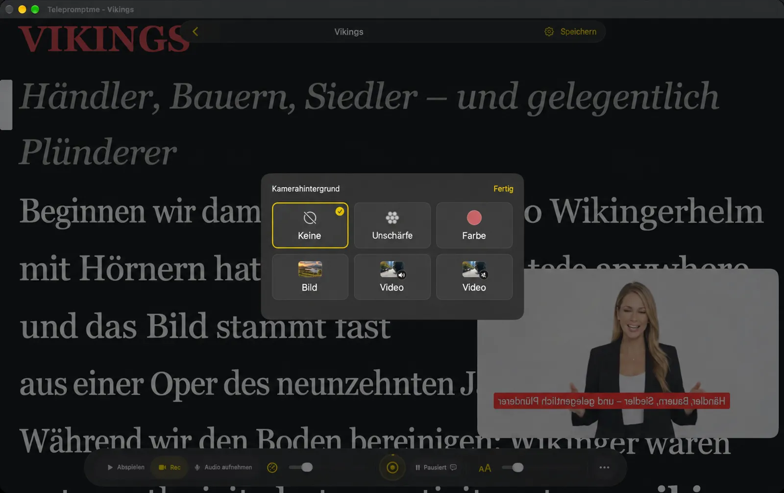 Der Kamera-Hintergrundwählermodus mit den Optionen „Keine“, „Unschärfe“, „Farbe“, „Bild“ und zwei Videotableaus über der Selbstansicht