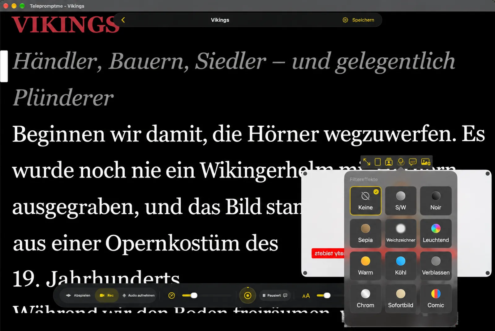 Der Filterauswahler, der zwölf Looks von Nichts über B und W bis hin zu Comic zeigt