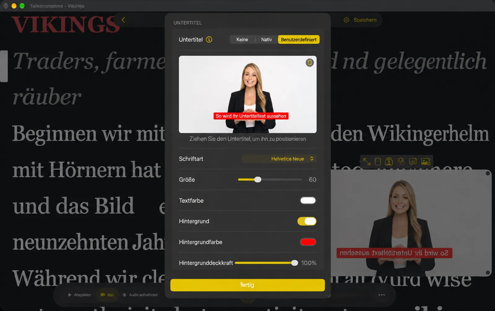 Das Untertitelblatt mit Keine, Standard und Anpassbar, einer Live-Vorschau und Schriftart-, Größe-, Farb- und Hintergrundsteuerung