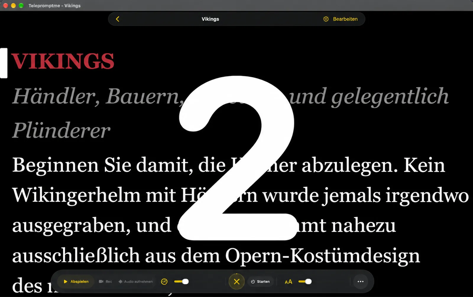 Eine große Countdown-Ziffer, die den Teleprompter-Bildschirm ausfüllt, wobei das Dock einen Stopp-Button und den Status Start zeigt.