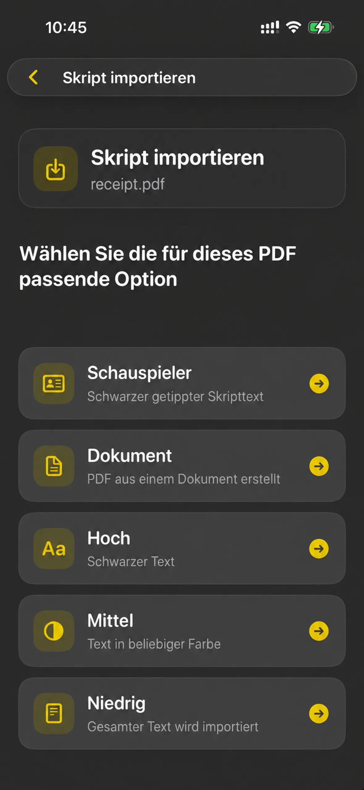 Die Import-Skript-Anzeigeseite, die Akteur, Dokument, Hoch, Mittel und Niedrig als Möglichkeiten zum Lesen einer PDF auflistet