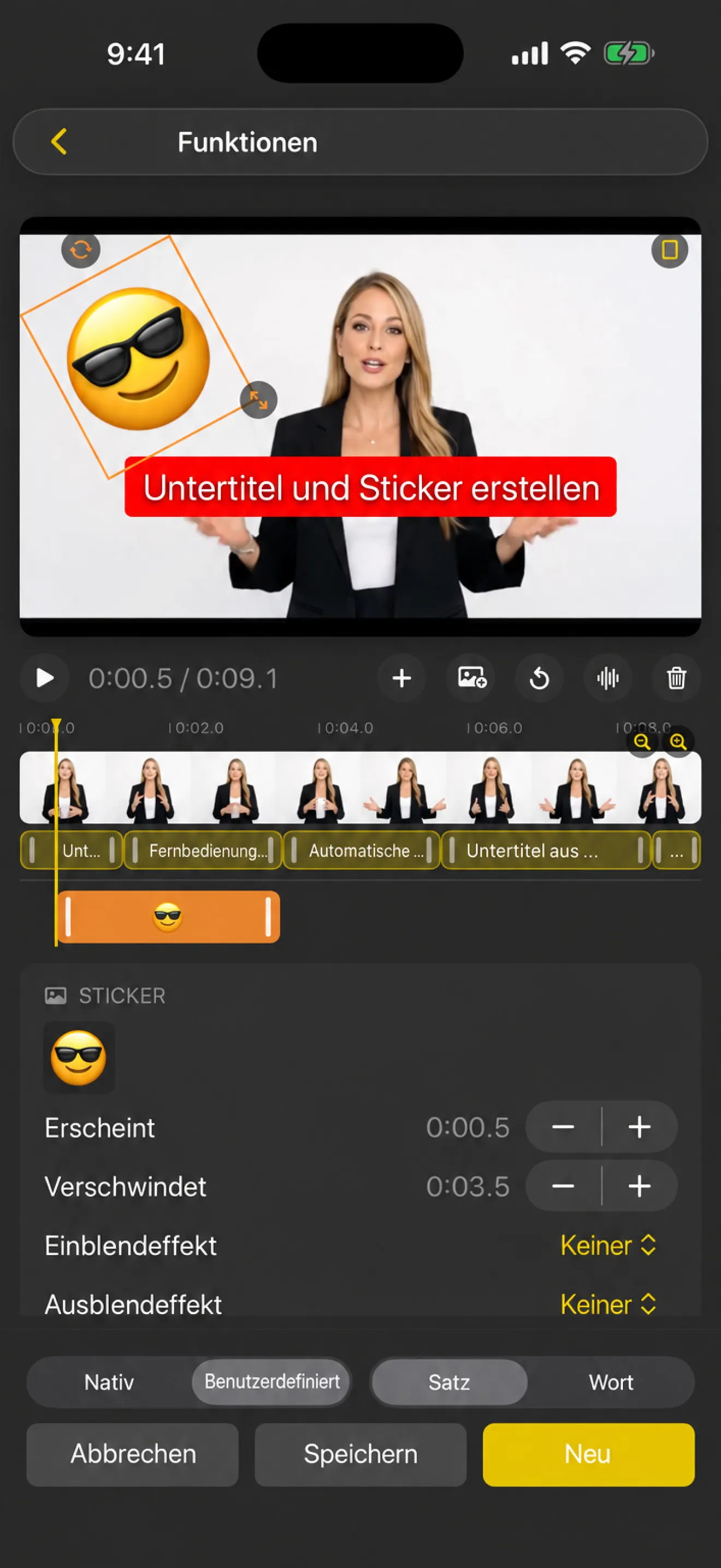 Der Untertitel- und Aufkleber-Editor auf dem iPhone mit einer Timeline und Zeitpunkten für das Auftauchen und Verschwinden