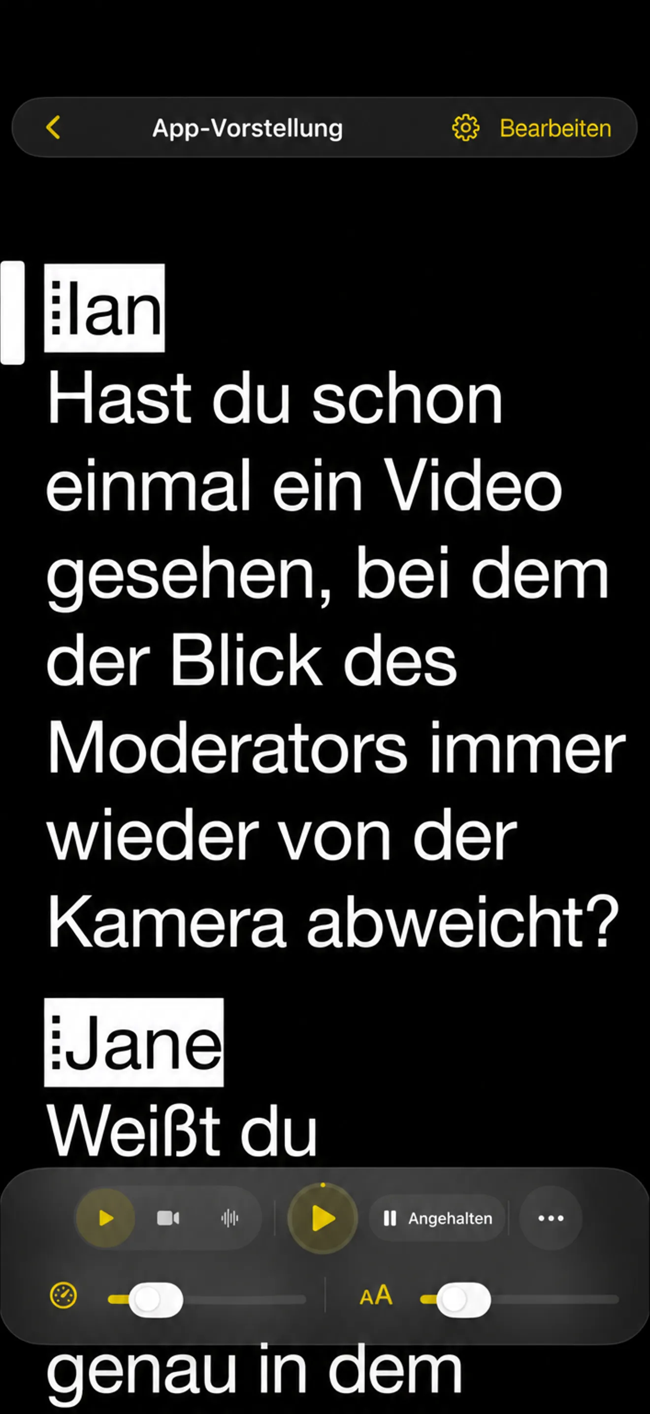 Telepromptme-Prompt auf dem iPhone, das Skript füllt den Bildschirm mit dem Transportdock unten