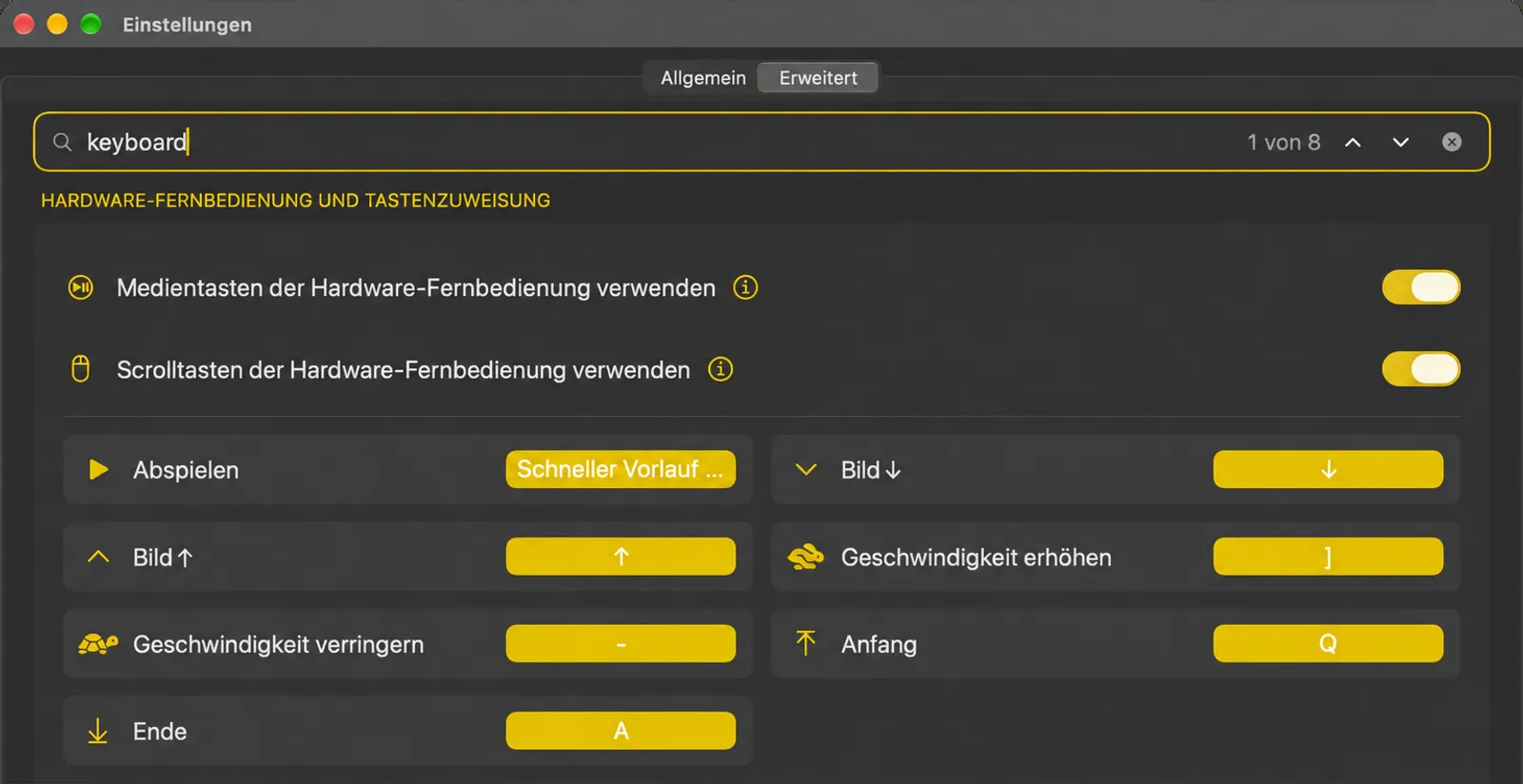 Der Tastenkarten-Mapping-Bildschirm mit Teleprompter-Aktionen und ihren zugewiesenen Tasten