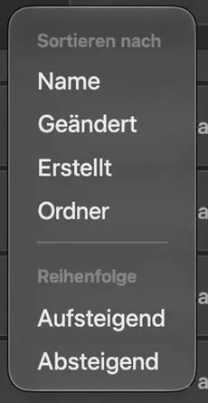 Das Sortiermenü wird geöffnet und zeigt Sortieren nach Name, Ändert, Erstellt und Ordner sowie Richtung mit Auf- und Absteigend an.