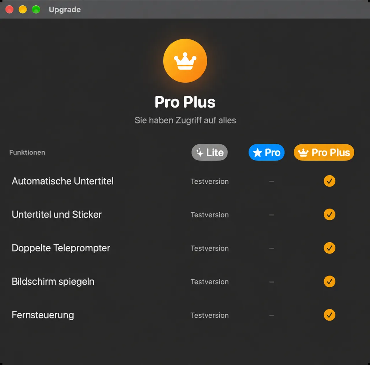 Das Upgrade-Fenster, das Lite, Pro und Pro Plus in den Produktionsfunktionen vergleicht