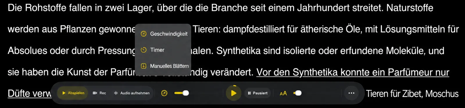Der Scroll-Modus-Auswahl-Schalter öffnet sich am Teleprompter und listet Geschwindigkeit, Timer und Manuelle Seite auf.