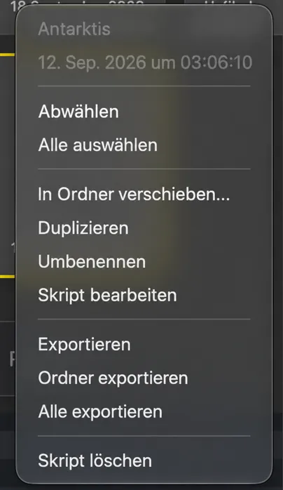 Das Menü durch Klicken mit der rechten Maustaste auf einem Skript-Kachelnfeld mit den Optionen „In Ordner verschieben“, „Duplikieren“, „Umbenennen“, „Skript bearbeiten“, „Skript exportieren“ und „Skript löschen“