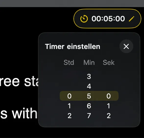 Der Timer-Wähler mit Spalten für Stunden, Minuten und Sekunden