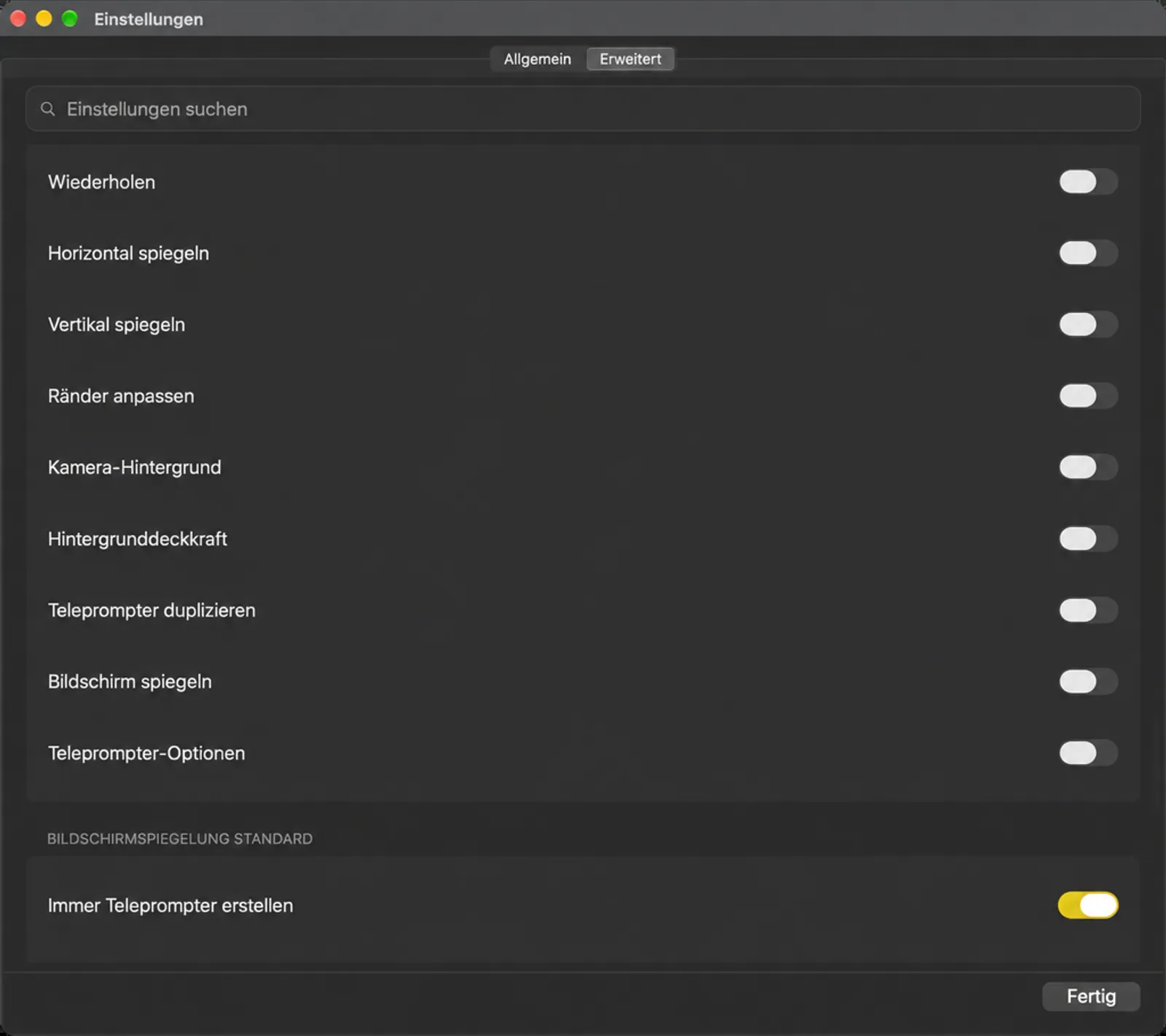 Die Einstellungenskarte für die Dock-Buttons, die die Aktionen auflisten, die auf das Dock verschoben werden können