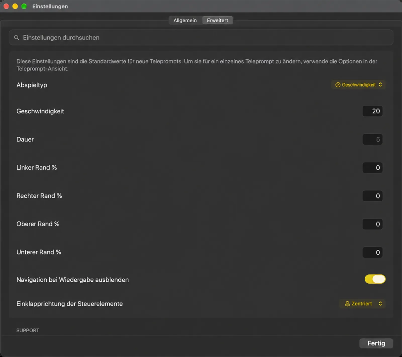 Die Teleprompt-Standardeinstellungen-Karte mit Wiedergabetyp, Geschwindigkeit, Dauer und Rändern