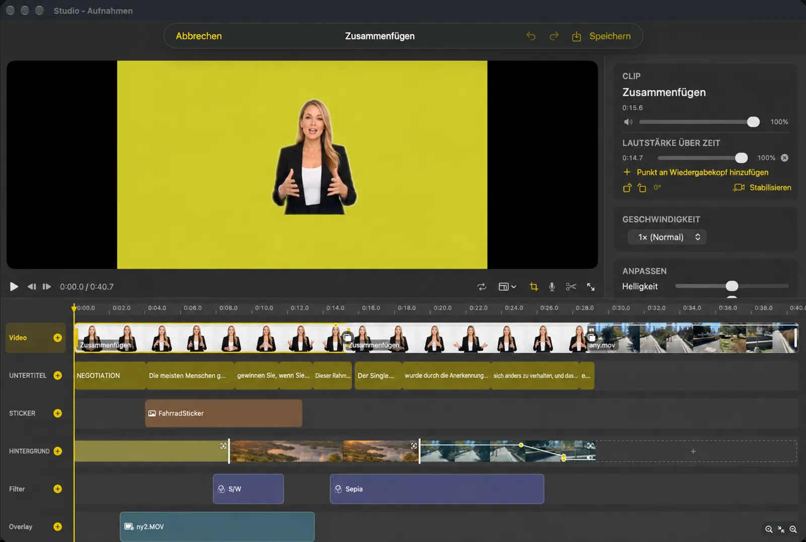 Der Studio-Editor: eine Vorschau über einer Multi-Track-Timeline mit Video, Untertiteln, Aufklebern, Hintergrund, Filtern und Überlagerungsspuren sowie einem Clip-Inspektor rechts