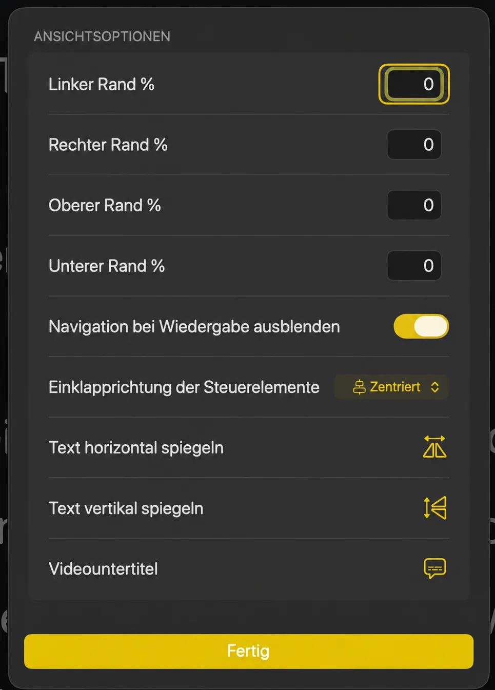 Das Ansichtsvorgaben-Blatt mit den vier Randfeldern, der Verstecken der Navigation, der Zusammenbruchsrichtung und den Flip-Steuerelementen