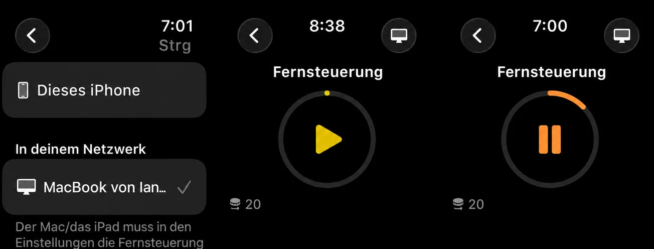 Drei Apple Watch-Displays: Auswahl des zu steuernden Geräts, eine Wiedergabetaste mit Fortschrittsbringer und der angehaltene Zustand