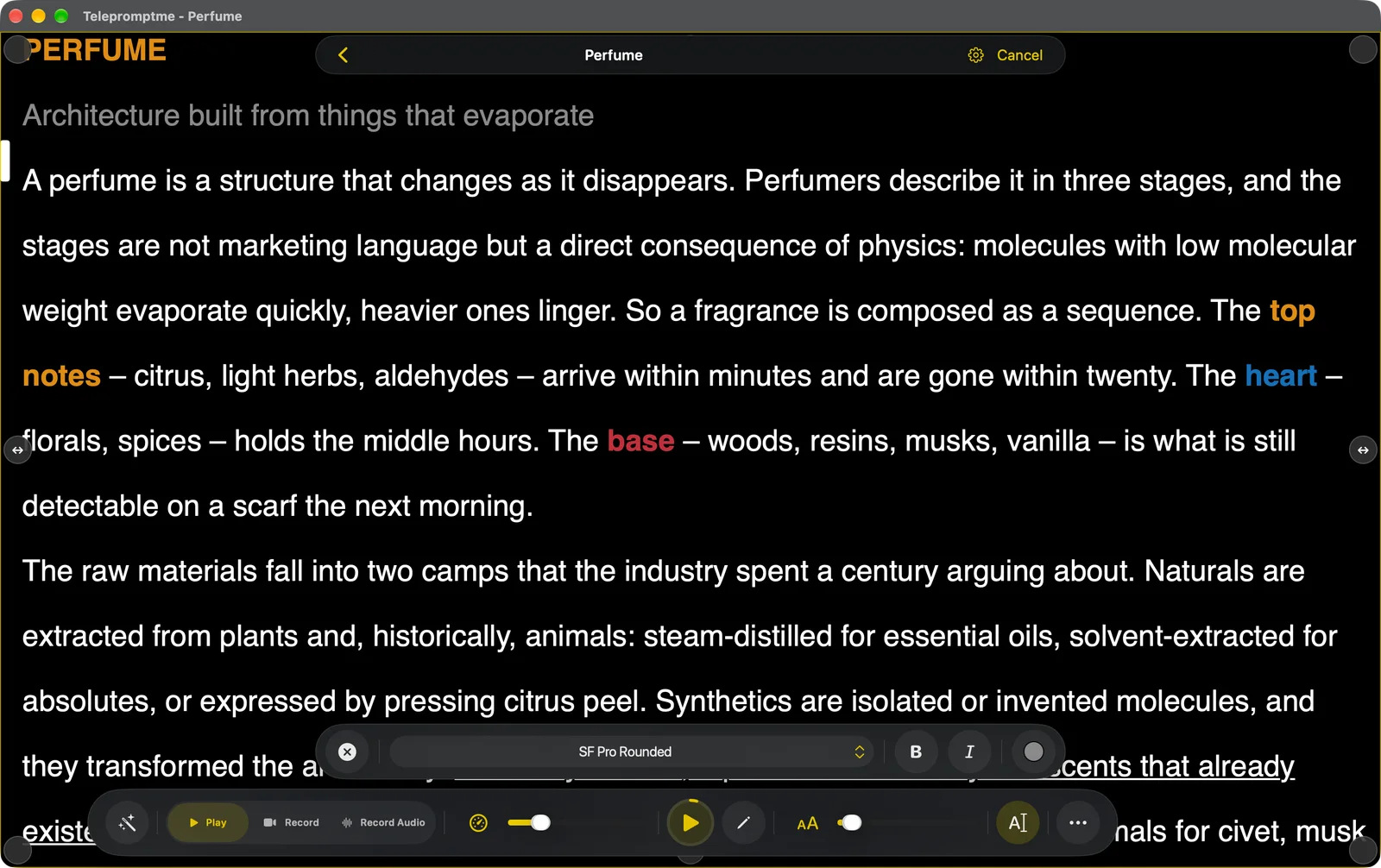 A script open in edit mode with the floating font bar showing the typeface, bold, italic and colour controls