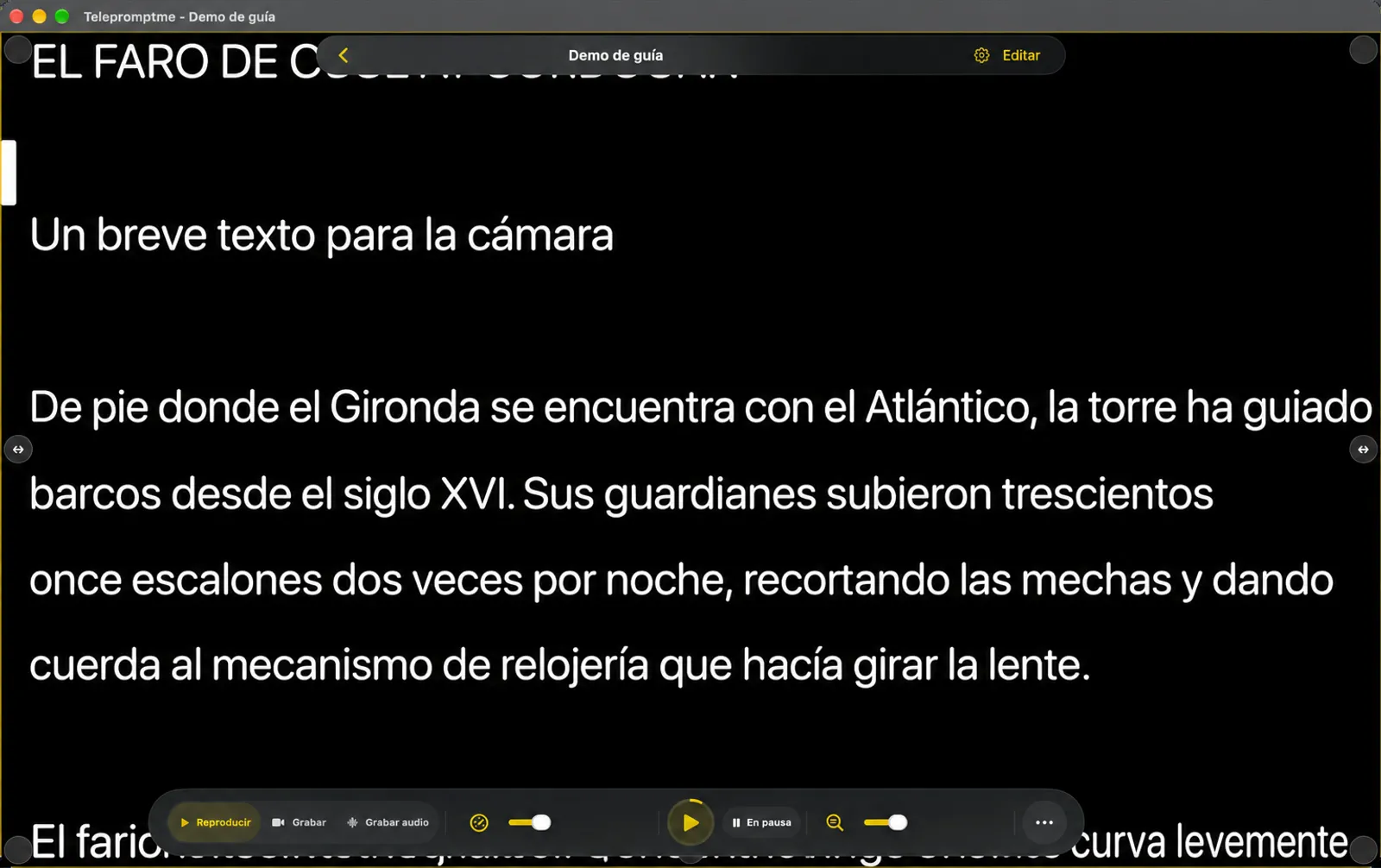 El telepromotor con los márgenes ajustados activados, mostrando las pestañas de arrastre en los bordes y esquinas del área de texto