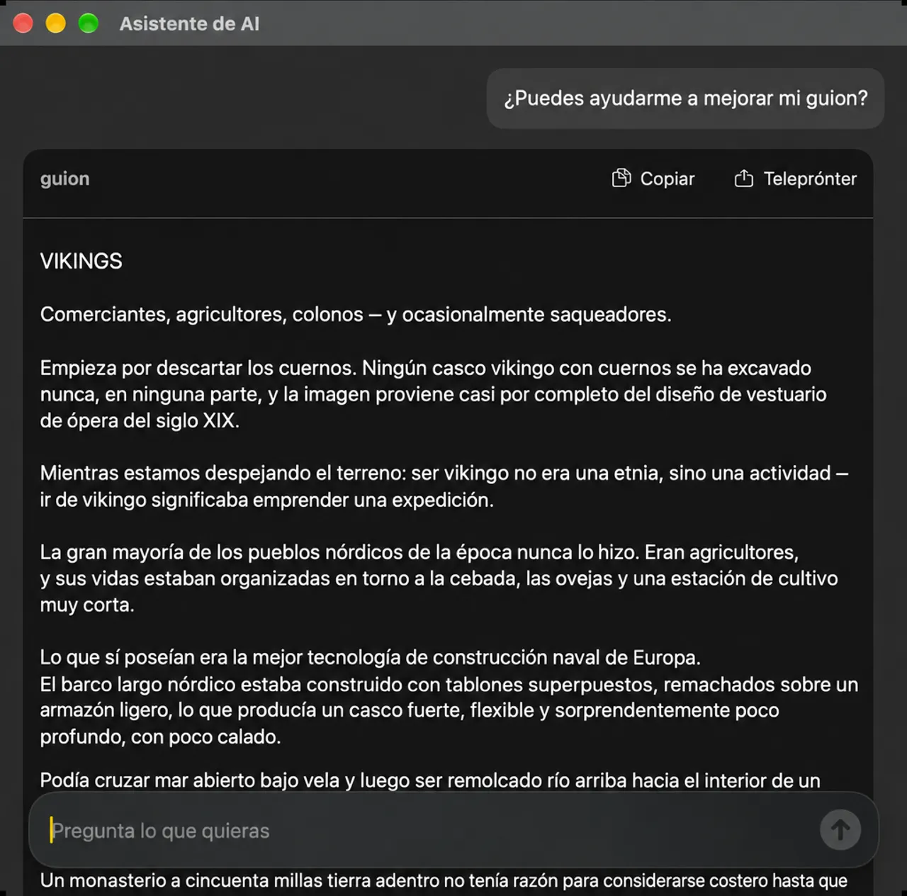 La ventana del Asistente de IA con una solicitud para mejorar el script y el script reescrito se devolvió en una tarjeta