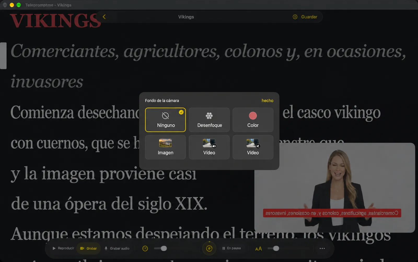 El selector de fondo de la cámara que muestra Ninguno, desenfoque, color, imagen y dos fichas de vídeo sobre la vista en primera persona