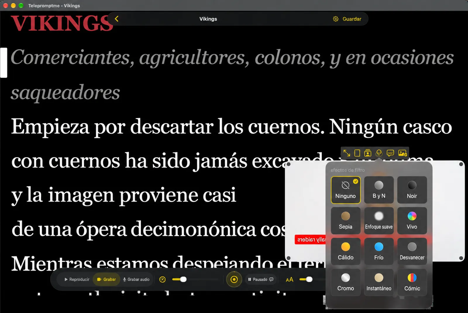 El selector de filtros que muestra doce opciones desde Ninguno y B y W hasta Cómic