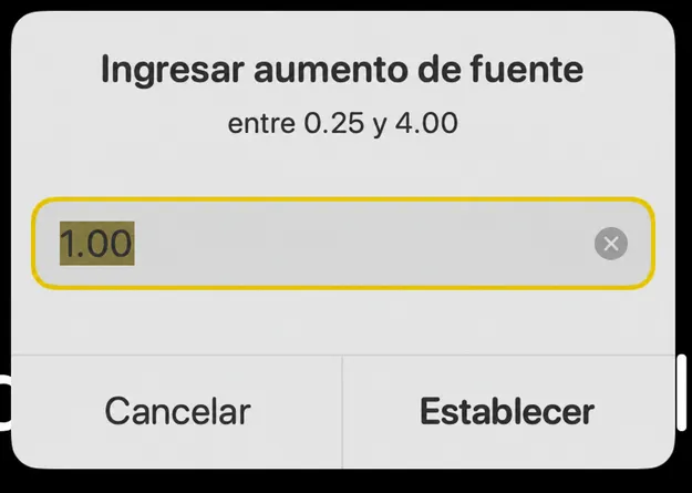 El diálogo Magnificación de fuente Enter con una lectura sugerida entre 0,25 y 4,00
