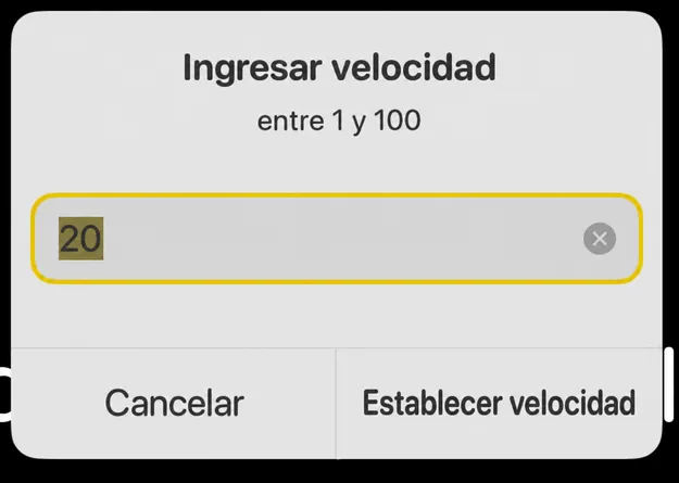 El diálogo de Velocidad de entrada con una lectura de indicación entre 1 y 100 y un botón de Establecer velocidad