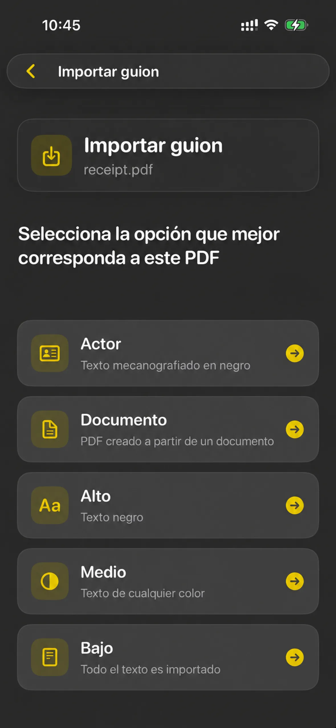 La pantalla de Script de Importación que enumera Actor, Documento, Alto, Medio y Bajo como formas de leer un PDF
