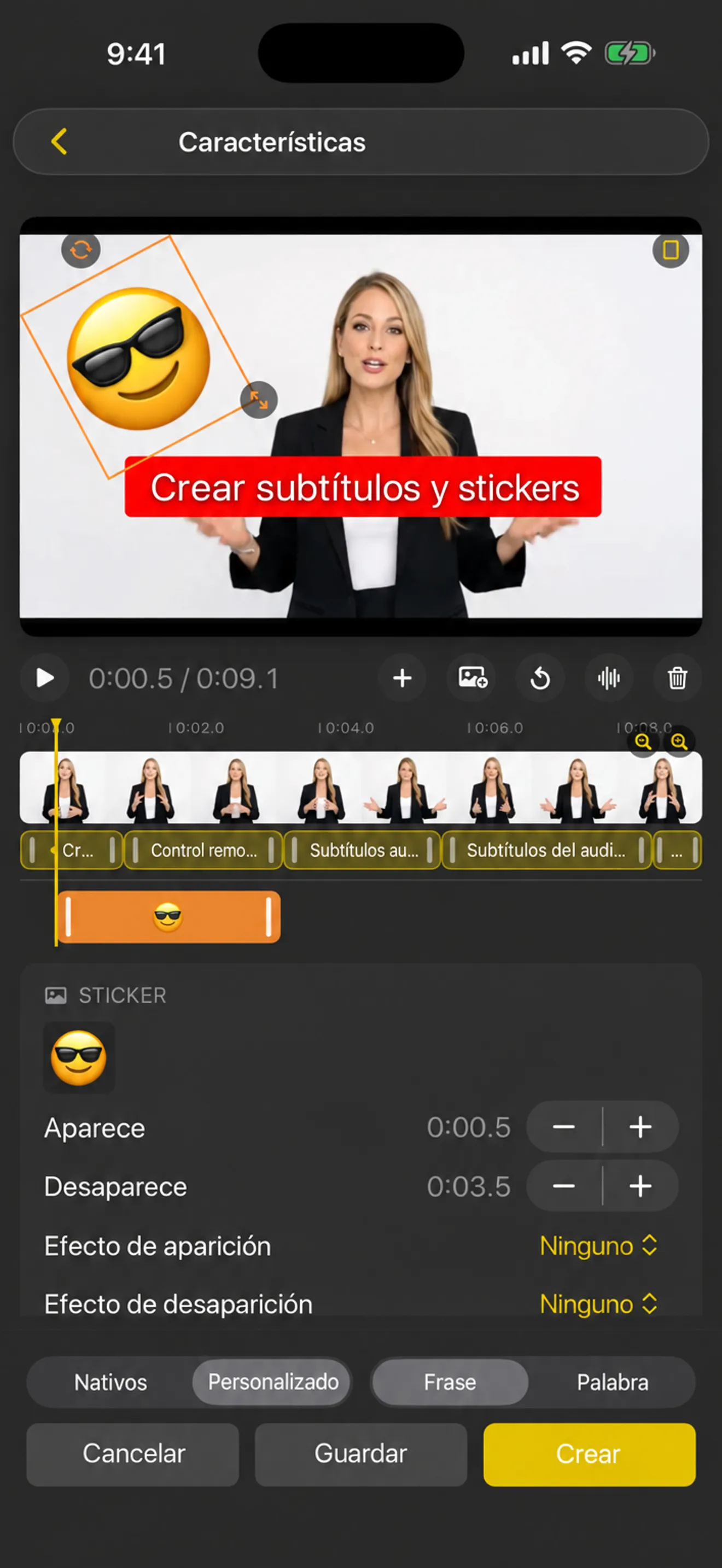 El editor de subtítulos y pegatinas en iPhone con una línea de tiempo y tiempos de aparición y desaparición