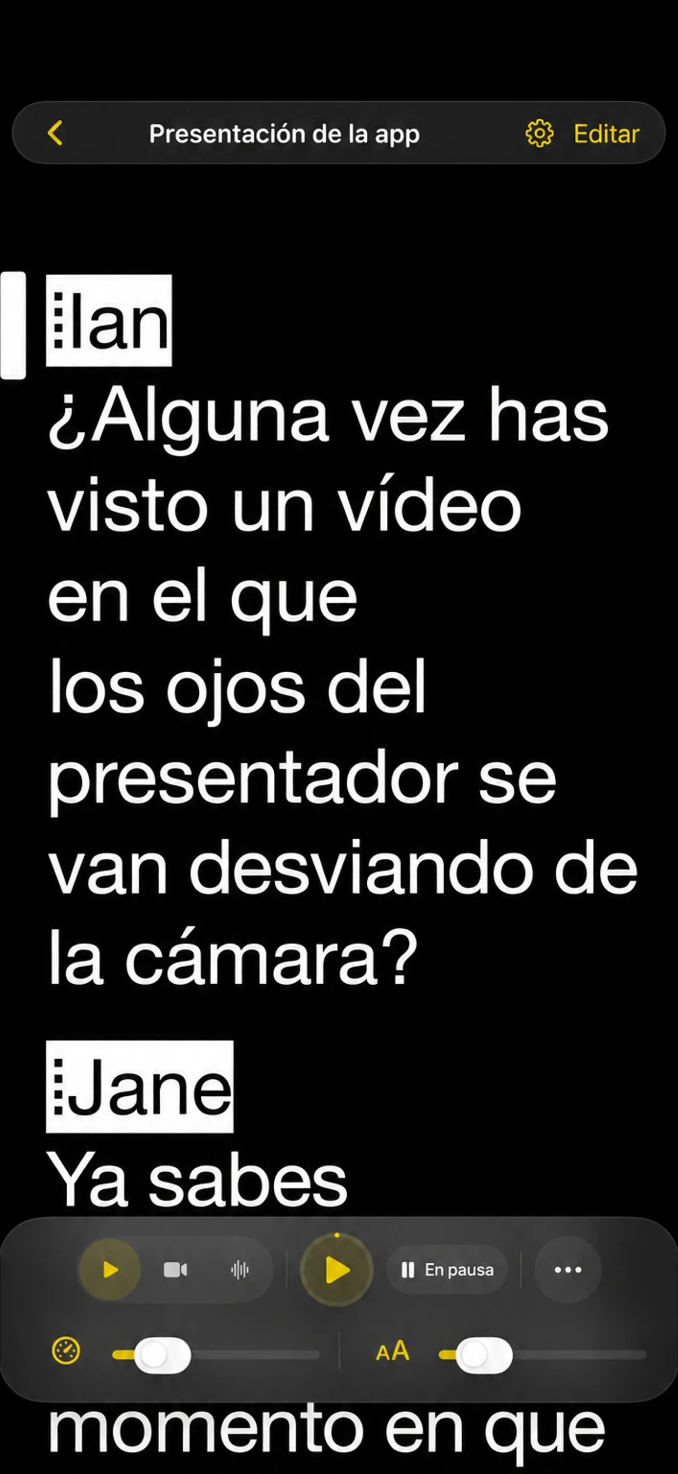 Telepromptme solicitando en iPhone, el script llenando la pantalla con el muelle de transporte en la parte inferior