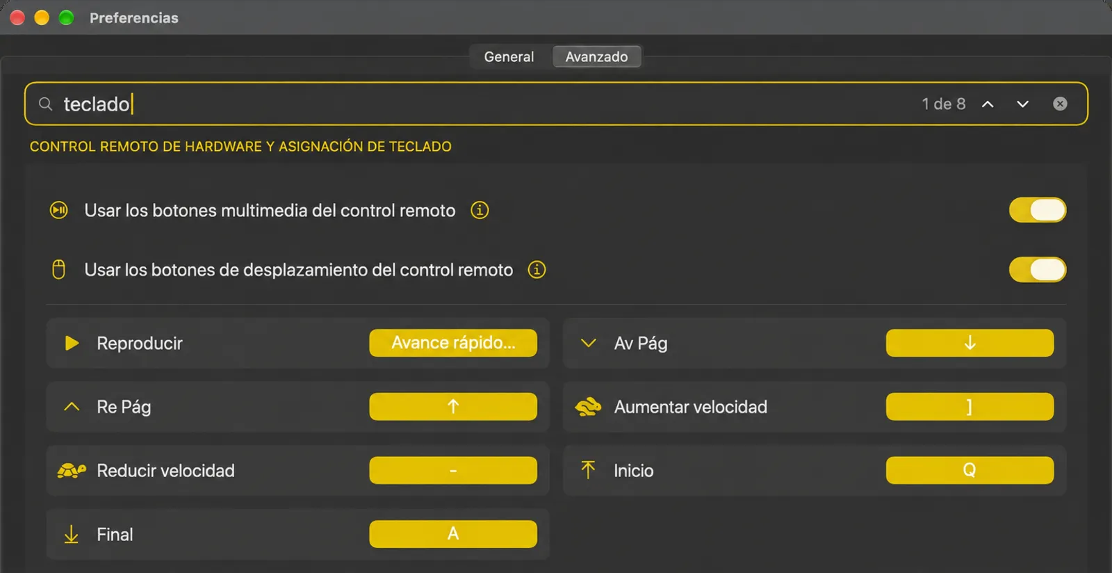La pantalla de mapeo del teclado con acciones de telepromotor y sus teclas asignadas