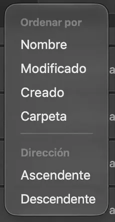 Se abre el menú de clasificación, mostrando Clasificar por con Nombre, Modificado, Creado y Carpeta, y Dirección con Ascendente y Descendente.