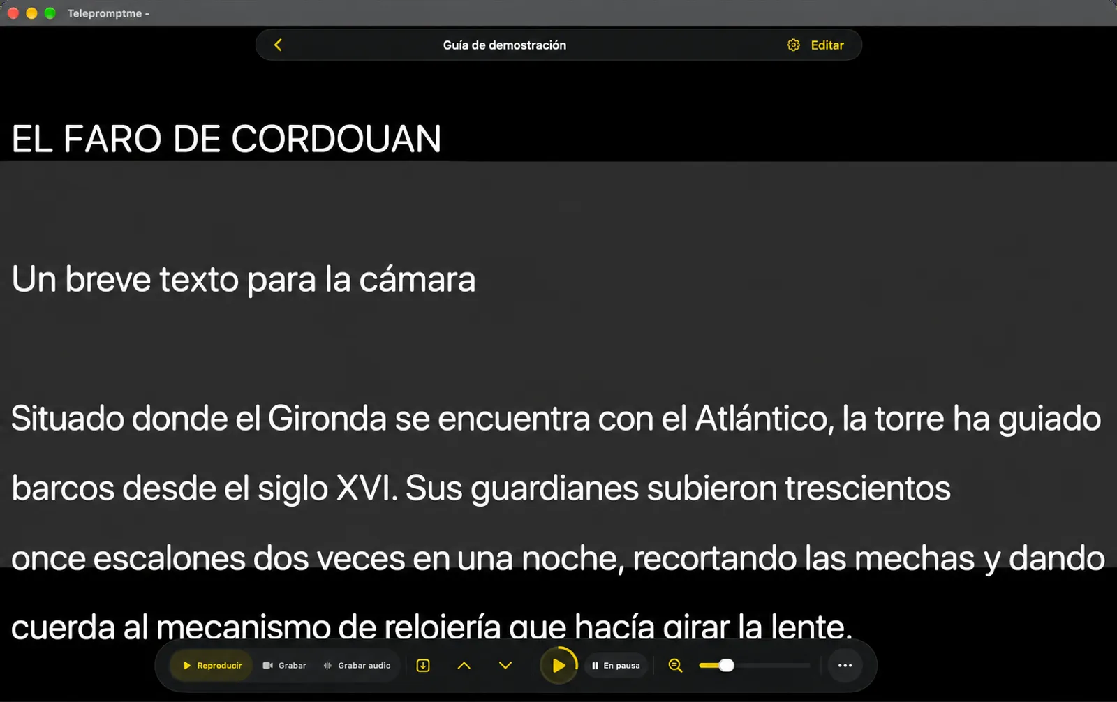 El telepromotor en modo Página Manual, con una franja gris en el centro de la vista y dos chevrones en el dock