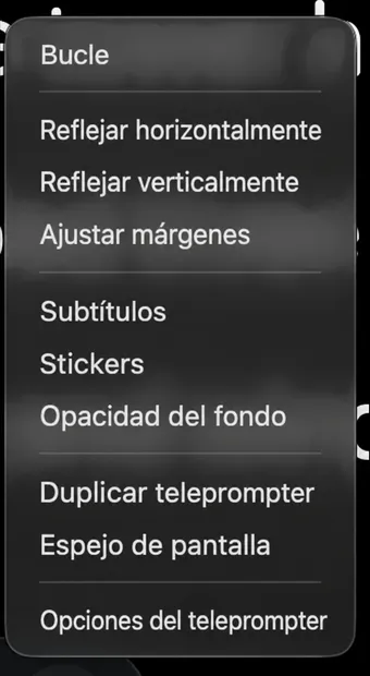 La lista de menús más del telepromotor Loop, reflejos, márgenes, subtítulos, pegatinas y las salidas solo para Mac