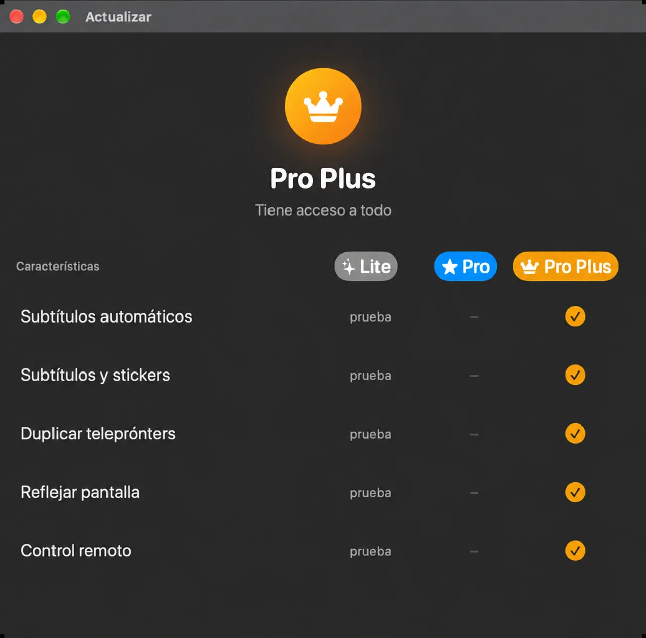 La ventana de actualización comparando Lite, Pro y Pro Plus en todas las funciones de producción
