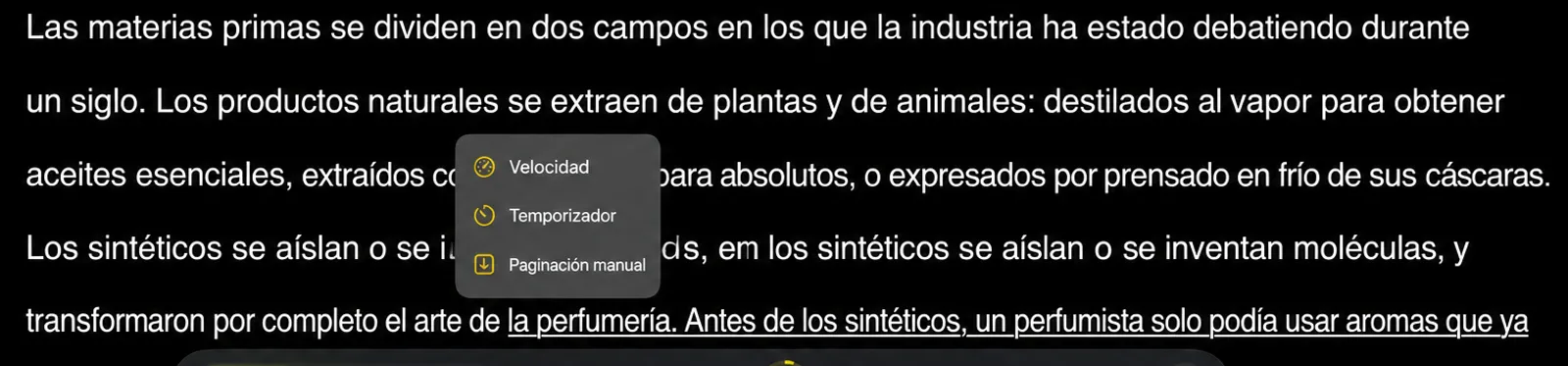 El selector de modo deslizante se abre en el telepromotor, enumerando Velocidad, Temporizador y Página Manual