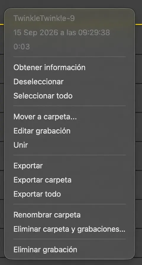 El menú del clic derecho en una lista de grabaciones: Obtener información, Pasar a carpeta, Editar grabación, Pegar, Exportar y Eliminar grabación